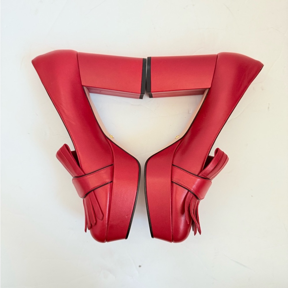 Gucci Hibiscus Red Leather Malaga Kid GG Marmont Fringe Platform Loafer Pumps 39 - Picture 6 of 15